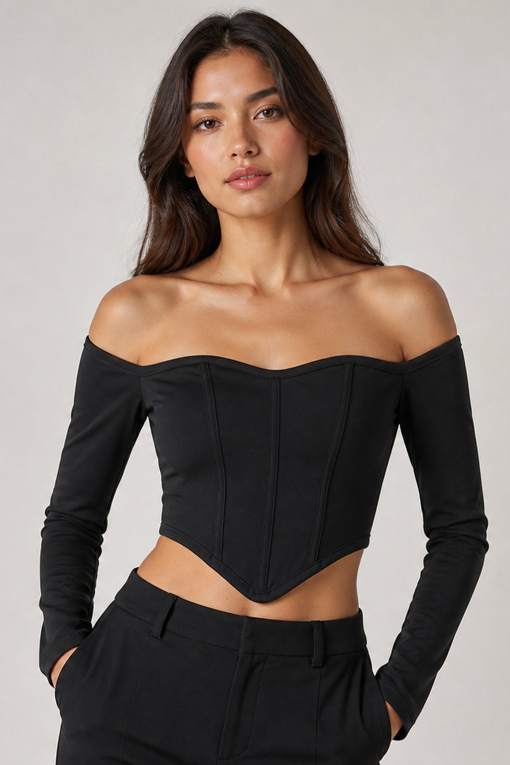 Kadın Siyah Düşük Omuz Uzun Kollu Polyester Crop Bluz 3435