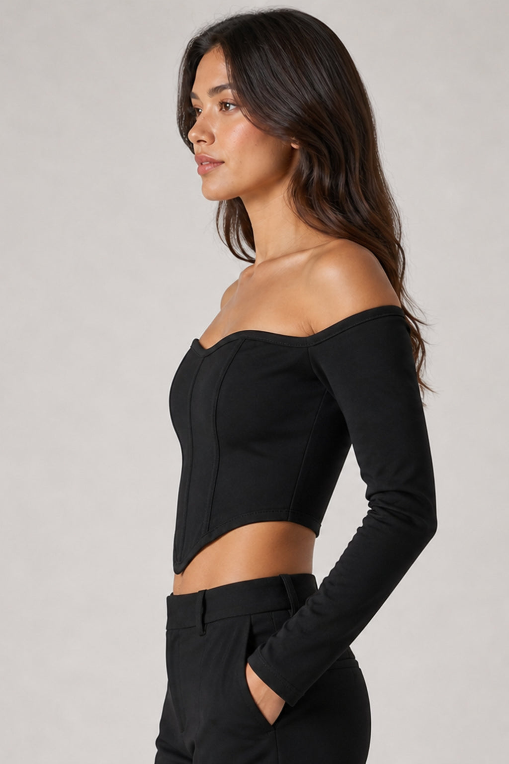 Kadın Siyah Düşük Omuz Uzun Kollu Polyester Crop Bluz 3435