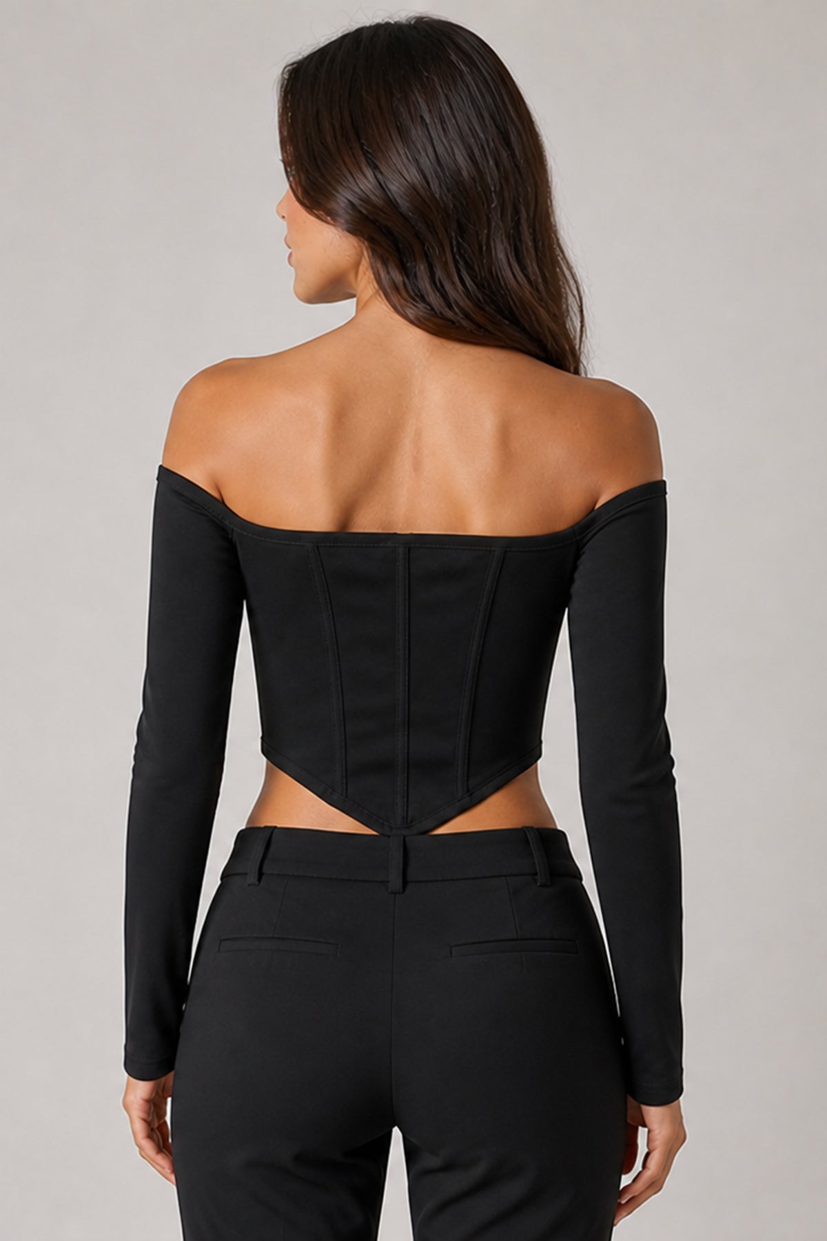 Kadın Siyah Düşük Omuz Uzun Kollu Polyester Crop Bluz 3435