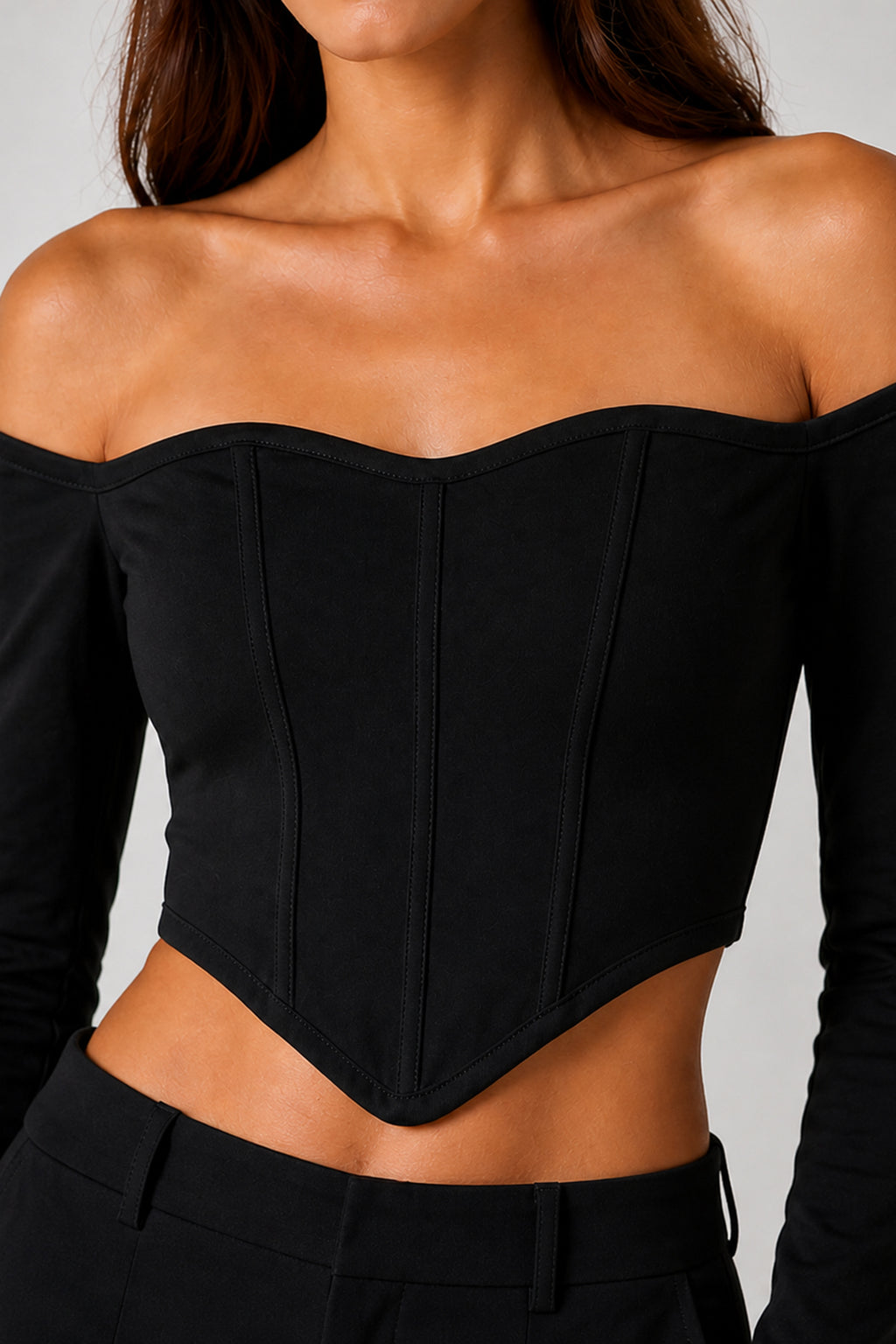 Kadın Siyah Düşük Omuz Uzun Kollu Polyester Crop Bluz 3435