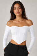 Kadın Beyaz Düşük Omuz Uzun Kollu Polyester Crop Bluz 3435