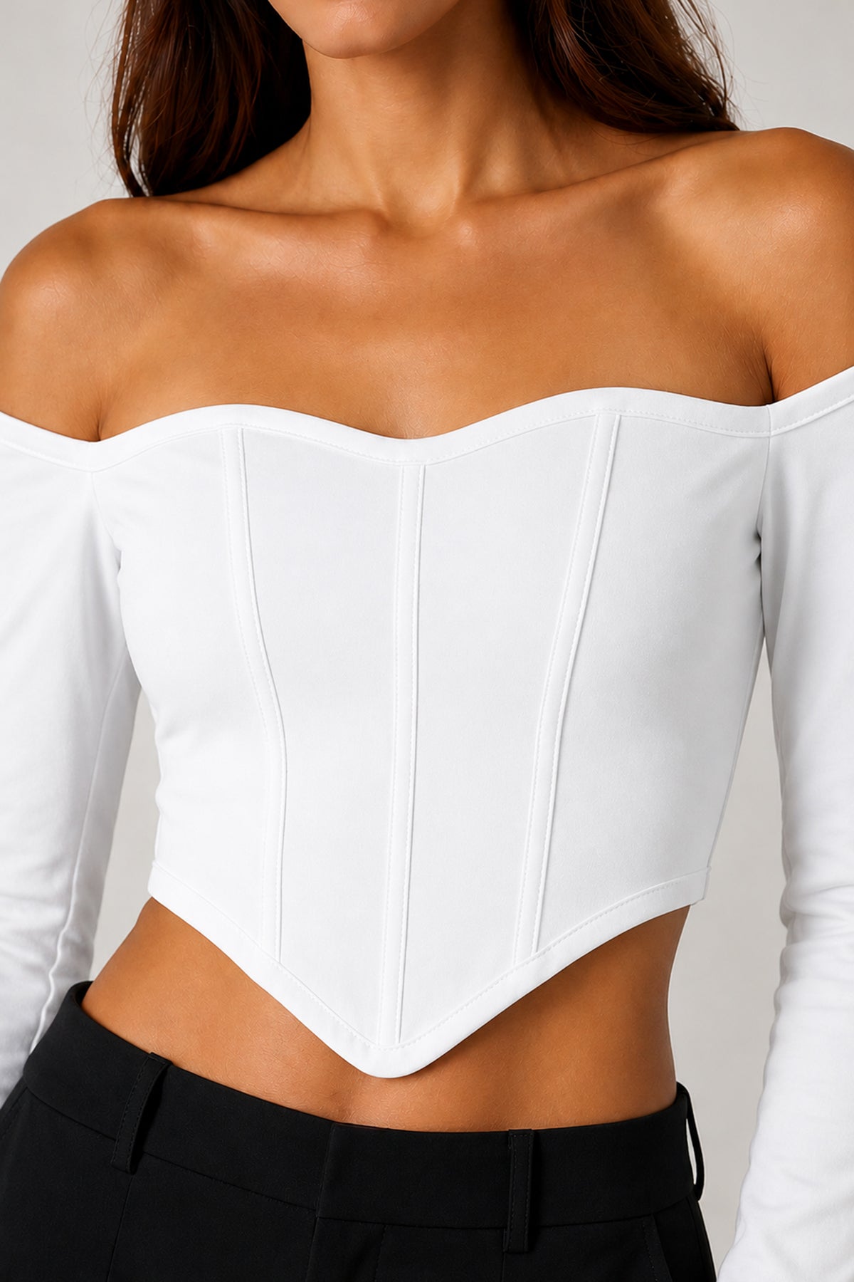 Kadın Beyaz Düşük Omuz Uzun Kollu Polyester Crop Bluz 3435