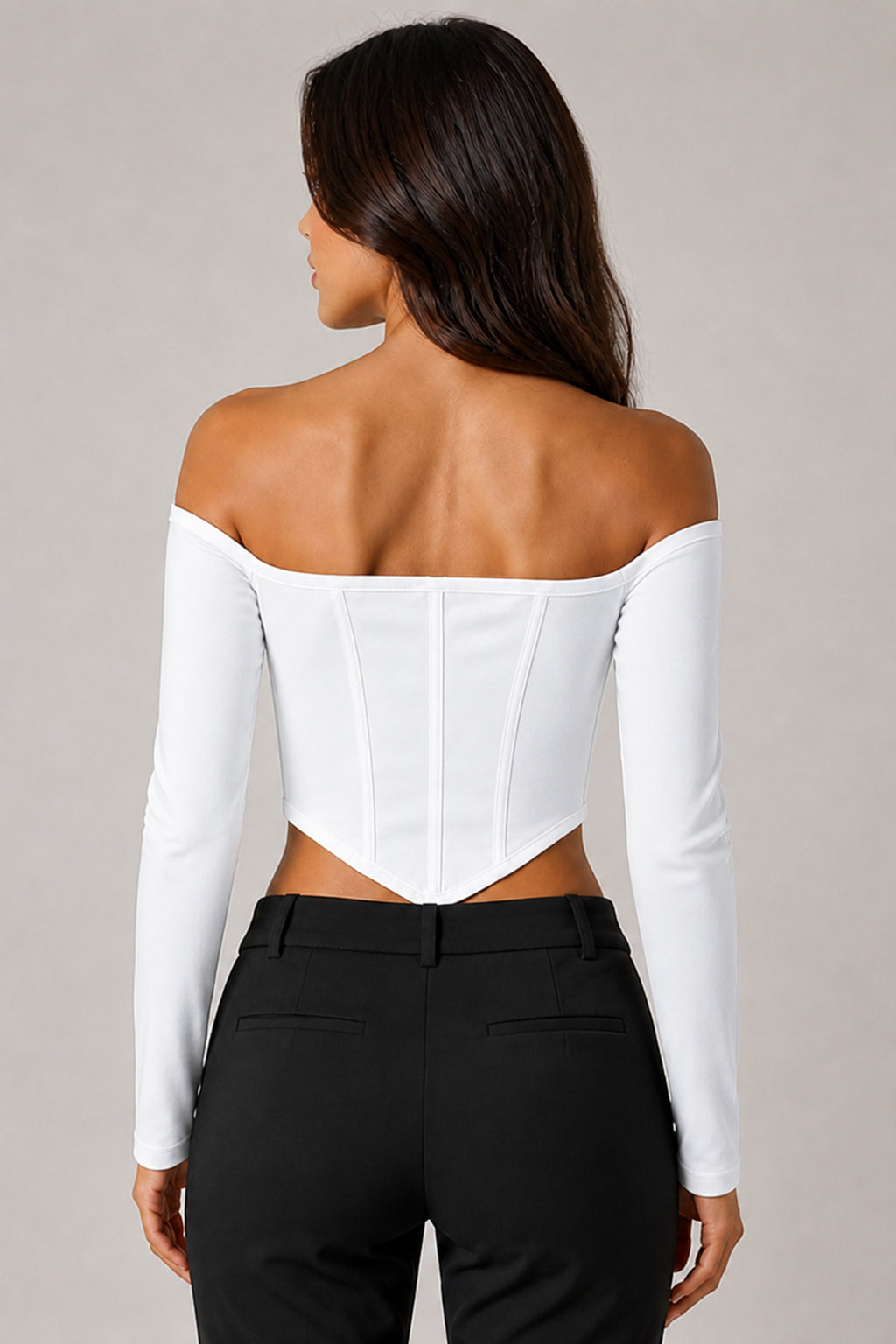 Kadın Beyaz Düşük Omuz Uzun Kollu Polyester Crop Bluz 3435