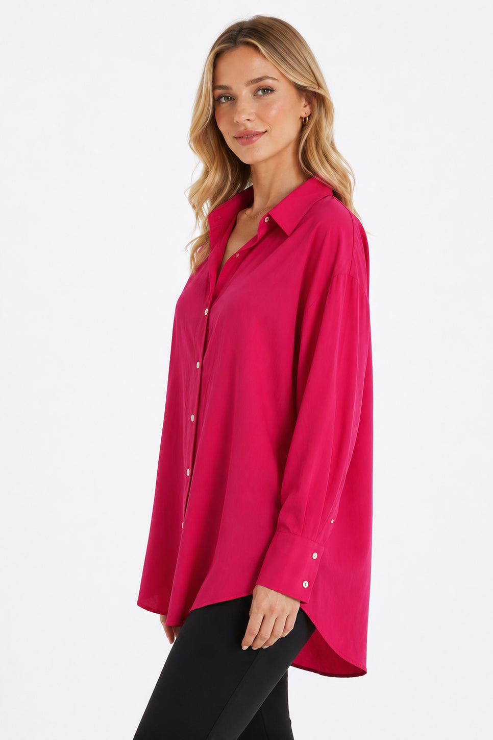 Kadın Fuşya Oversize Gömlek Uzun Kollu