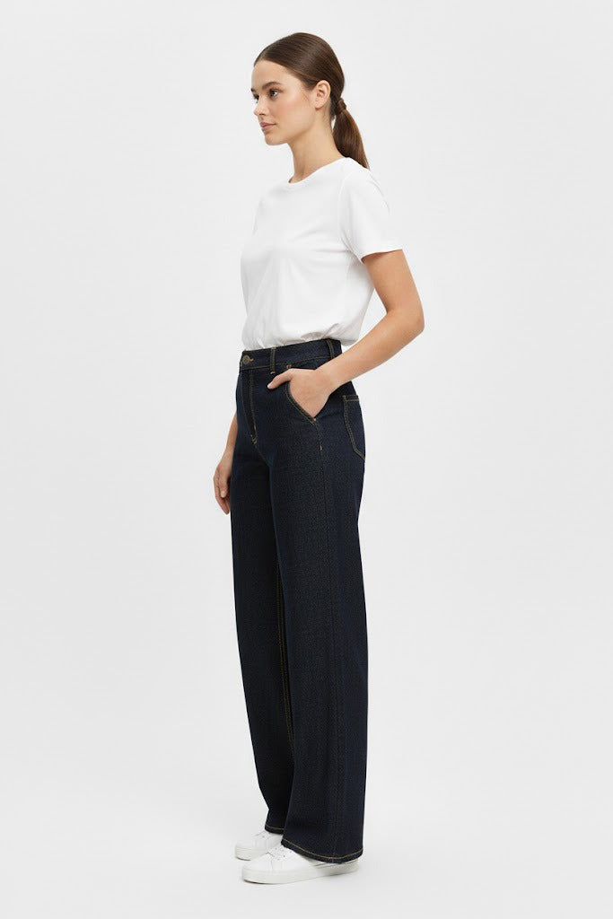 Kadın Koyu Lacivert Yüksek Bel Wide Leg Jean Pantolon