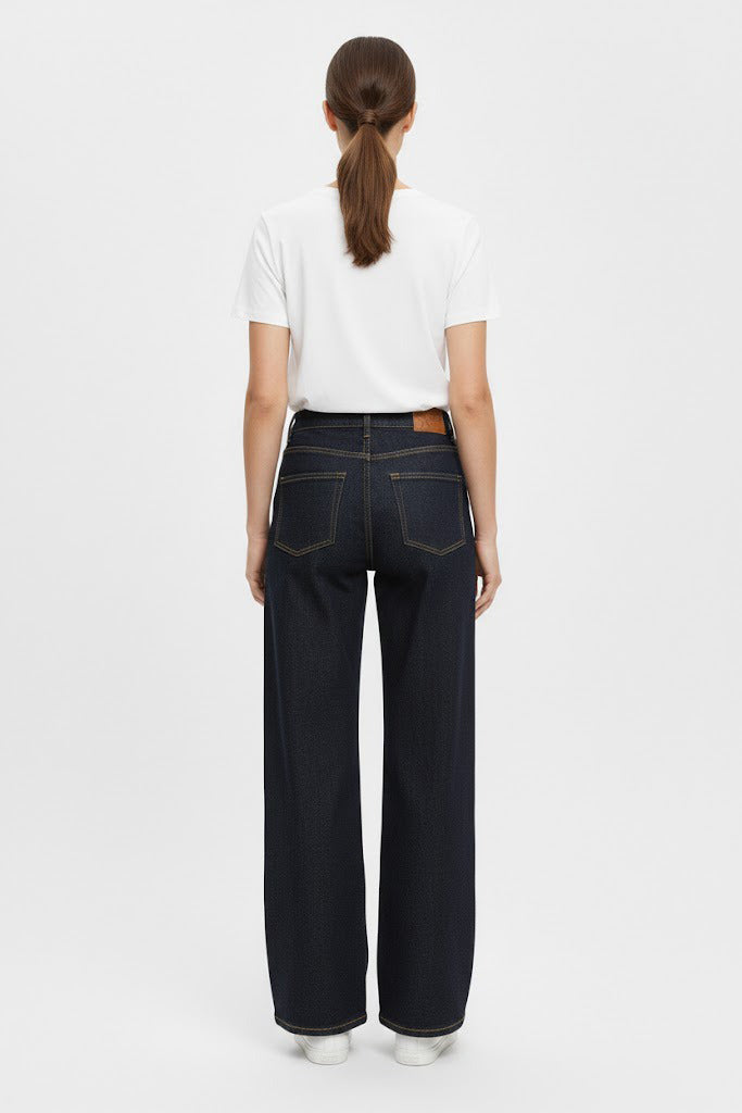Kadın Koyu Lacivert Yüksek Bel Wide Leg Jean Pantolon